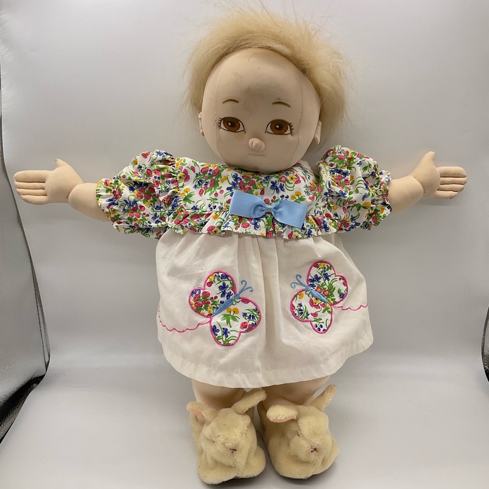 VINTAGE 18”‎ HANDMADE DOLL WITH RABBIT SLIPPERS